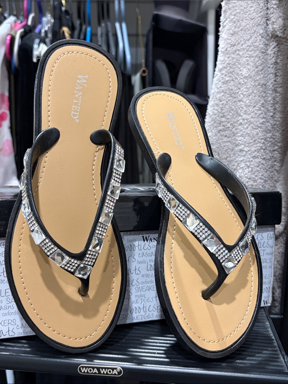Wanted Black Thong Sandals with Crystal Accents